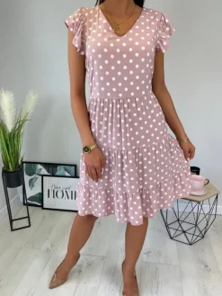 Pudrowa Sukienka w Grochy 11736-354-B|Modna Kiecka Sale