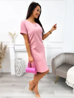Pudrowa Sukienka z Falbanką 11931-409-E|Modna Kiecka Hot