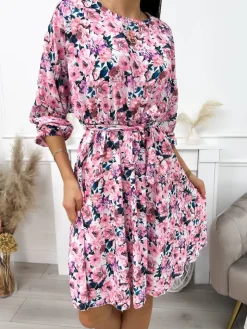 Pudrowa Sukienka z Motywem Kwiatowym 12075-279-Q|Modna Kiecka Discount