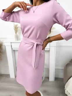 Pudrowa Sukienka z Paskiem 11626-332-E|Modna Kiecka Fashion