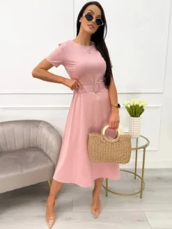 Pudrowa Sukienka z Paskiem 13662-78-C|Modna Kiecka Online