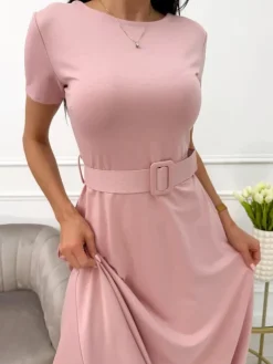 Pudrowa Sukienka z Paskiem 13662-78-C|Modna Kiecka Online