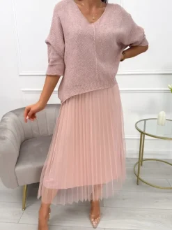 Pudrowa Sukienka ze Sweterkiem 13749-132-B|Modna Kiecka New