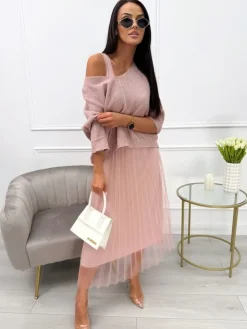 Pudrowa Sukienka ze Sweterkiem 13749-132-B|Modna Kiecka New