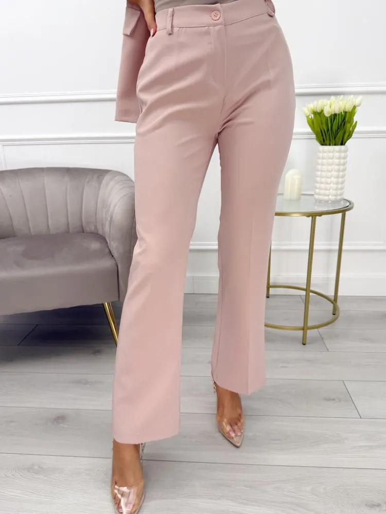 Pudrowe Eleganckie Spodnie w Kant 13795-315-C|Modna Kiecka New