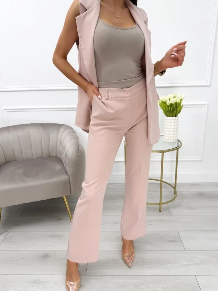 Pudrowe Eleganckie Spodnie w Kant 13795-315-C|Modna Kiecka New