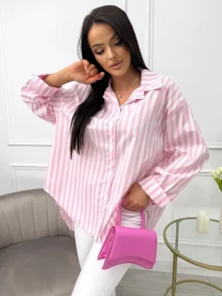 Pudrowo-Biała Koszula w Paski Oversize 13701-81-B|Modna Kiecka New