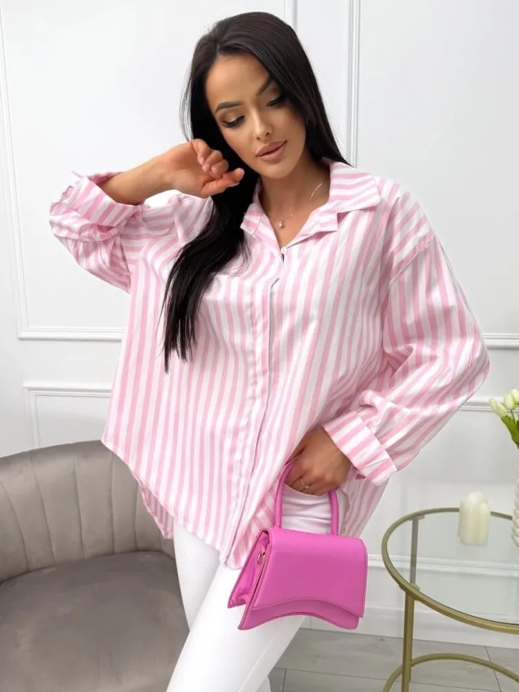 Pudrowo-Biała Koszula w Paski Oversize 13701-81-B|Modna Kiecka New