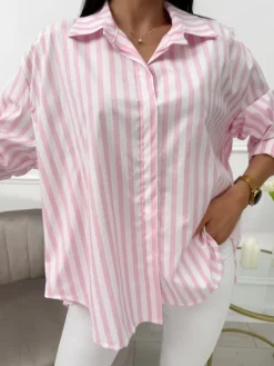 Pudrowo-Biała Koszula w Paski Oversize 13701-81-B|Modna Kiecka New