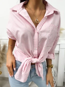 Pudrowo-Biała Koszula w Paski 10574-209-H|Modna Kiecka Fashion