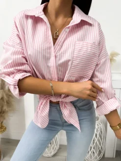 Pudrowo-Biała Koszula w Paski 10574-209-H|Modna Kiecka Fashion