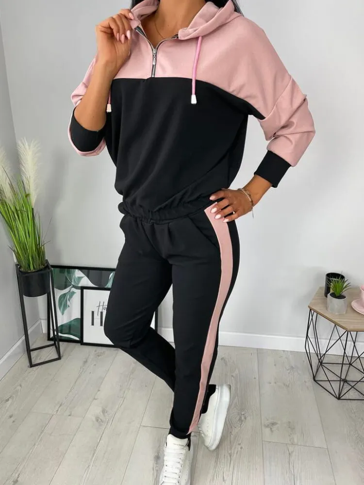 Pudrowo-Czarny Komplet Bluza + Spodnie 11447-526-F|Modna Kiecka Best