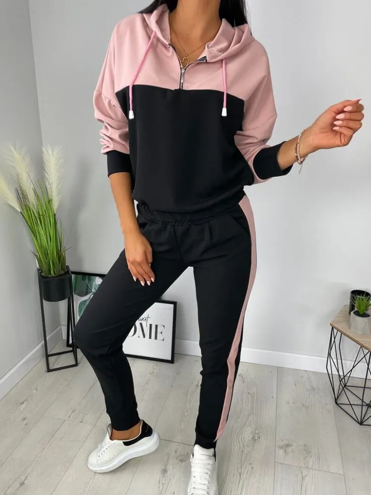 Pudrowo-Czarny Komplet Bluza + Spodnie 11447-526-F|Modna Kiecka Best