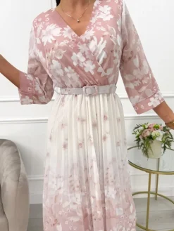 Pudrowo-Kremowa Plisowana Sukienka w Kwiaty 13604-211-C|Modna Kiecka Sale