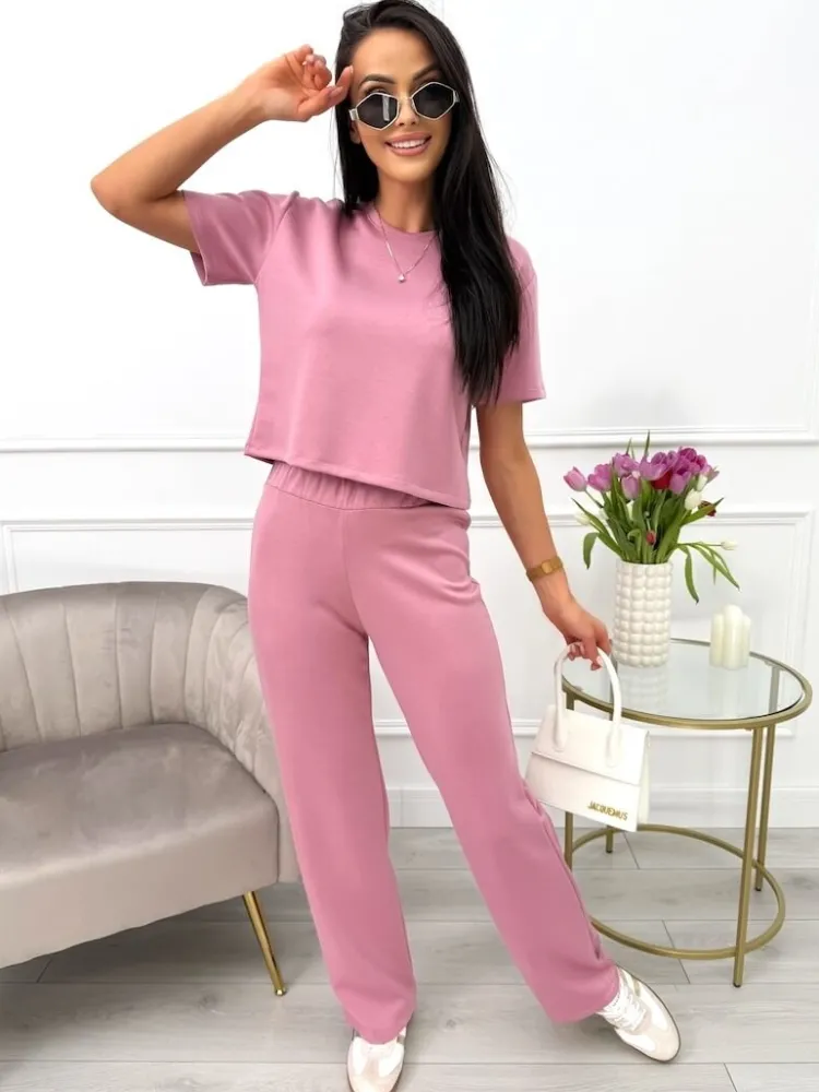 Pudrowy Komplet Crop Top + Spodnie 13641-99-D|Modna Kiecka Outlet