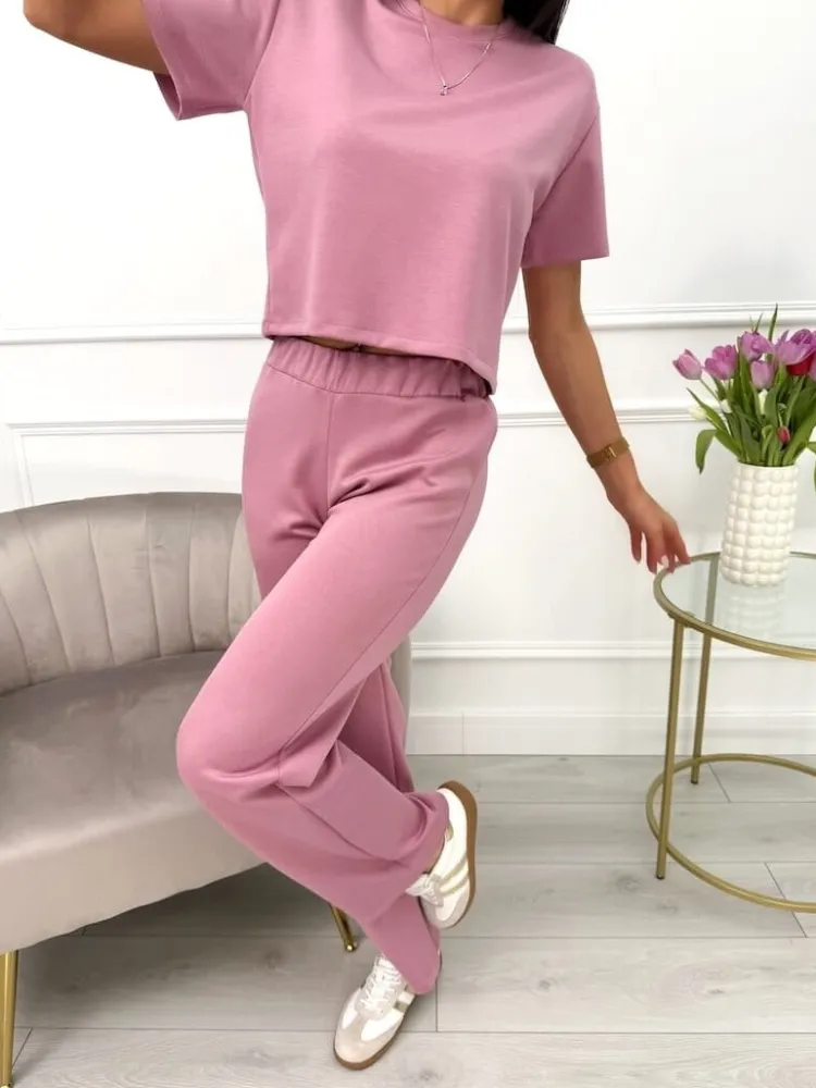 Pudrowy Komplet Crop Top + Spodnie 13641-99-D|Modna Kiecka Outlet