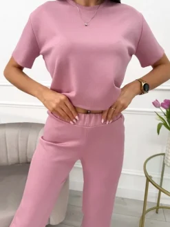 Pudrowy Komplet Crop Top + Spodnie 13641-99-D|Modna Kiecka Outlet