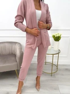 Pudrowy Komplet Marynarka + Spodnie 11421-223-O|Modna Kiecka Discount