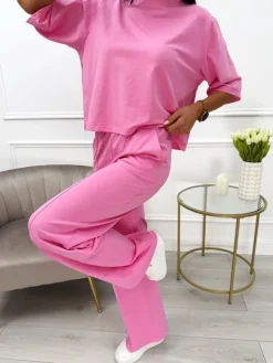 Pudrowy Komplet T-shirt Oversize + Spodnie 13789-174-D|Modna Kiecka Best