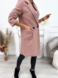 Pudrowy Płaszcz z Kieszeniami 10793-280-E|Modna Kiecka New