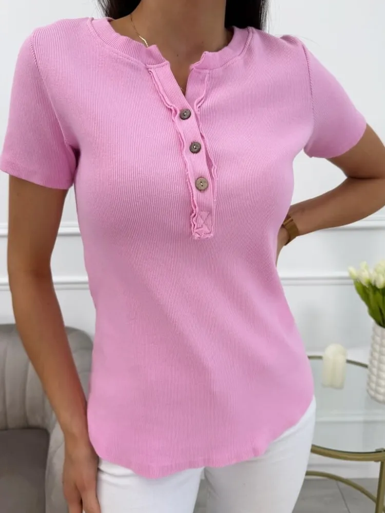 Pudrowy Prążkowany T-shirt z Guzikami 13809-262-D|Modna Kiecka New