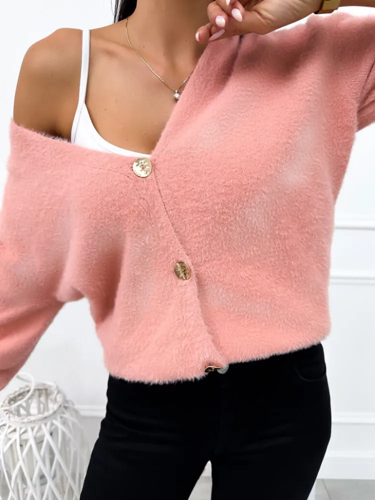 Pudrowy Rozpinany Sweterek 12640-23-G|Modna Kiecka Best