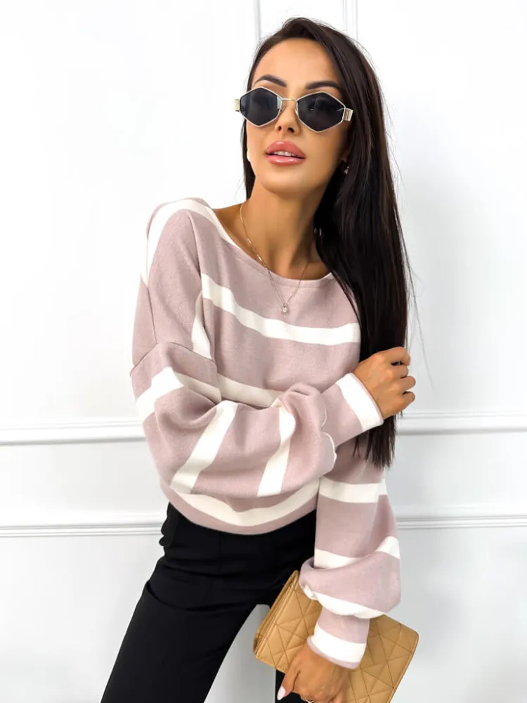 Pudrowy Sweterek w Beżowe Paski 12822-213-B|Modna Kiecka Hot