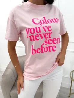 Pudrowy T-shirt z Nadrukiem 13959-41-C|Modna Kiecka Clearance