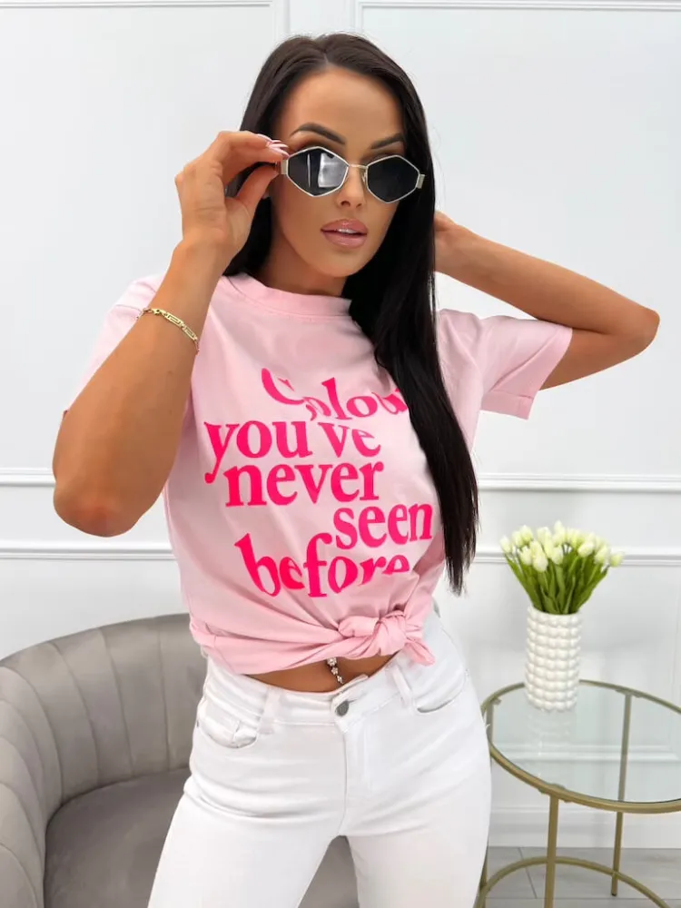 Pudrowy T-shirt z Nadrukiem 13959-41-C|Modna Kiecka Clearance