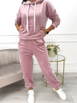 Pudrowy Welurowy Komplet 13611-26-F|Modna Kiecka Discount