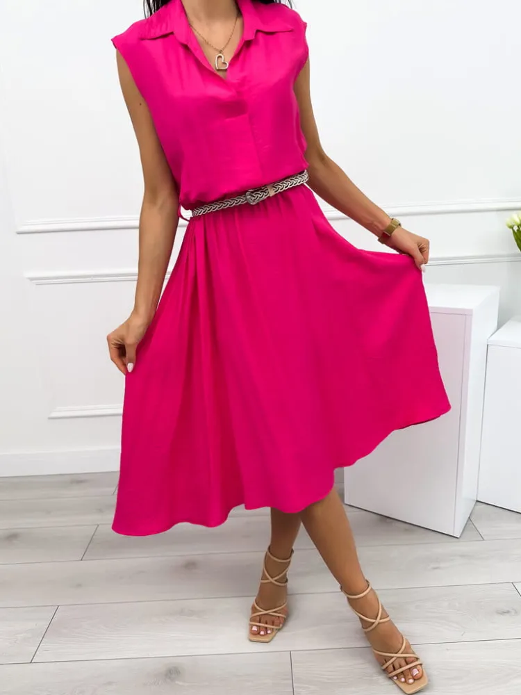Różowa Letnia Sukienka Midi z Kołnierzykiem 12414-281-F|Modna Kiecka Fashion