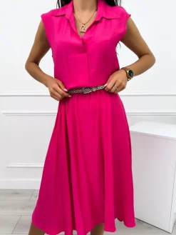 Różowa Letnia Sukienka Midi z Kołnierzykiem 12414-281-F|Modna Kiecka Fashion