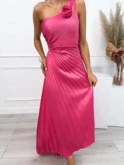 Różowa Plisowana Sukienka Maxi z Ozdobą 12605-248-C|Modna Kiecka Fashion