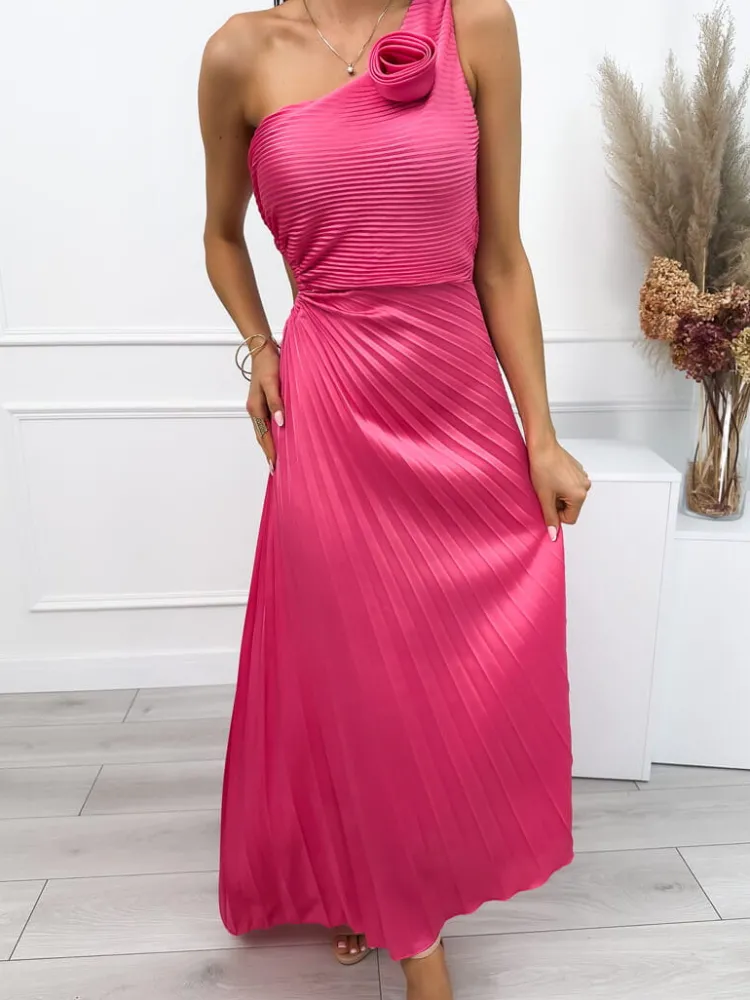 Różowa Plisowana Sukienka Maxi z Ozdobą 12605-248-C|Modna Kiecka Fashion