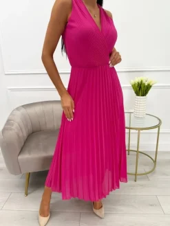 Różowa Plisowana Sukienka z Kopertowym Dekoltem 13869-500-E|Modna Kiecka Discount