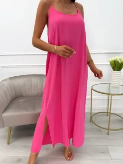 Różowa Sukienka Maxi na Ramiączkach 13880-143-H|Modna Kiecka Sale
