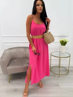 Różowa Sukienka Maxi na Ramiączkach 13880-143-H|Modna Kiecka Sale