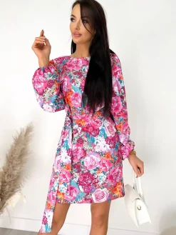 Różowa Sukienka w Róże z Paskiem 9413-323-B|Modna Kiecka Discount