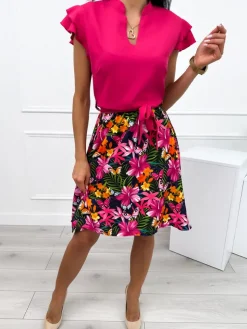 Różowa Sukienka w Roślinny Wzór 12392-331-Q|Modna Kiecka Hot