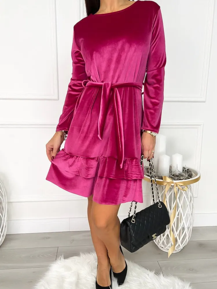 Różowa Welurowa Sukienka z Falbankami 9346-281-E|Modna Kiecka Outlet