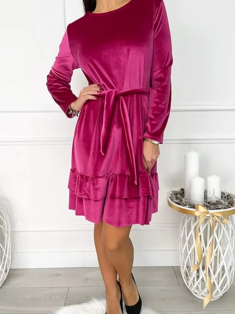 Różowa Welurowa Sukienka z Falbankami 9346-281-E|Modna Kiecka Outlet