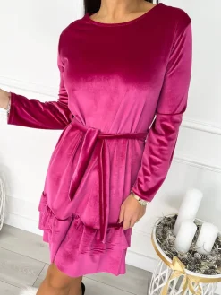 Różowa Welurowa Sukienka z Falbankami 9346-281-E|Modna Kiecka Outlet
