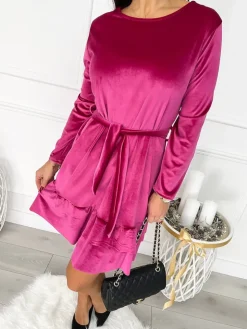 Różowa Welurowa Sukienka z Falbankami 9346-281-E|Modna Kiecka Outlet