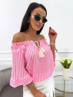 Różowo-Biała Bluzka w Paski 13982-29-B|Modna Kiecka Online