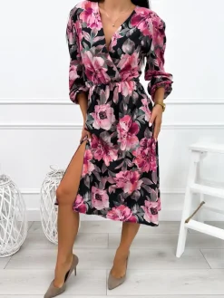 Różowo-Czarna Sukienka z Motywem Kwiatowym 12677-512-B|Modna Kiecka Discount
