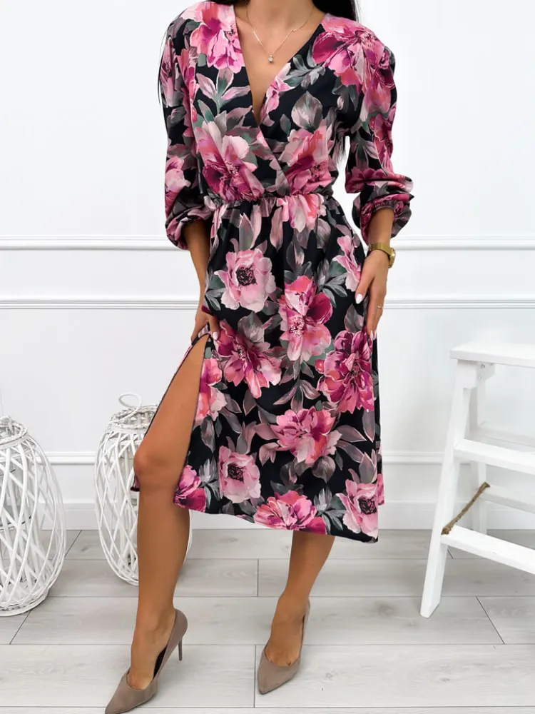 Różowo-Czarna Sukienka z Motywem Kwiatowym 12677-512-B|Modna Kiecka Discount