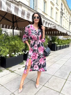 Różowo-Czarna Sukienka z Motywem Kwiatowym 12677-512-B|Modna Kiecka Discount