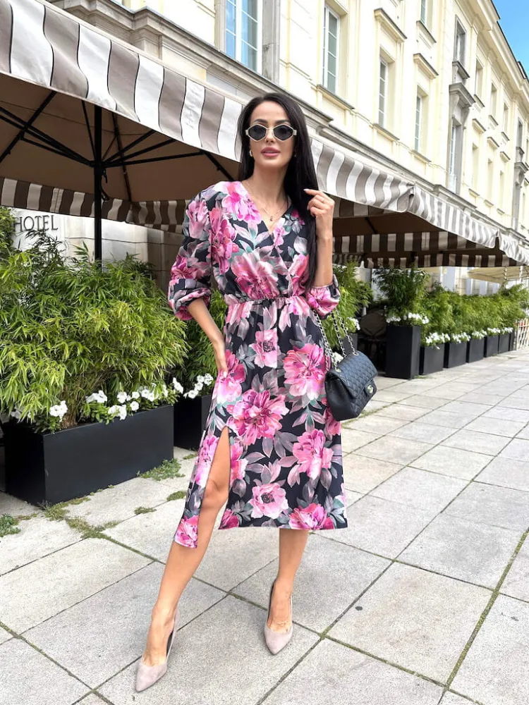 Różowo-Czarna Sukienka z Motywem Kwiatowym 12677-512-B|Modna Kiecka Discount
