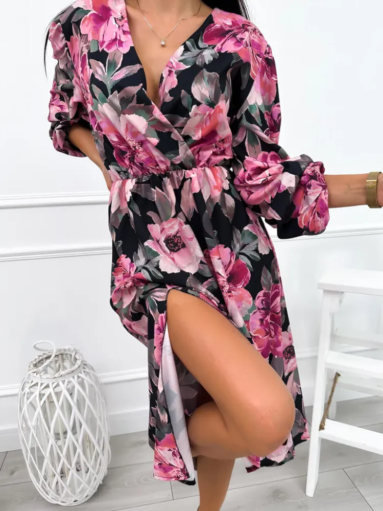 Różowo-Czarna Sukienka z Motywem Kwiatowym 12677-512-B|Modna Kiecka Discount