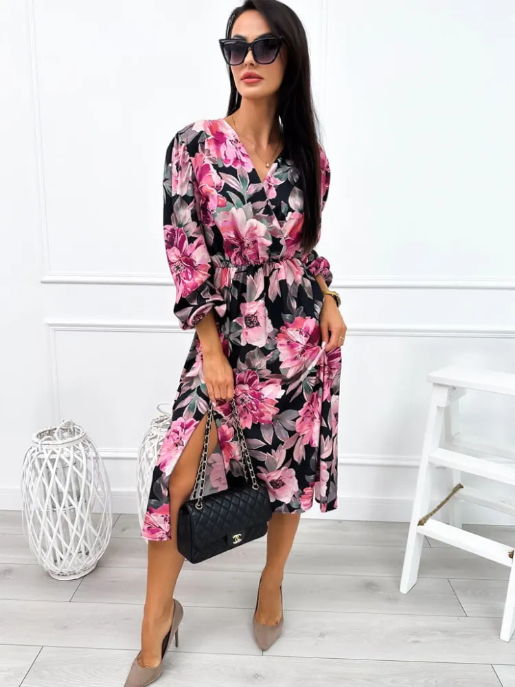 Różowo-Czarna Sukienka z Motywem Kwiatowym 12677-512-B|Modna Kiecka Discount